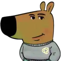 a cartoon character is wearing a grey sweater with a gold triangle on it .