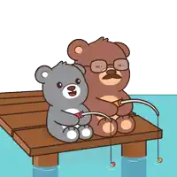 two teddy bears fishing on a dock with fishing rods