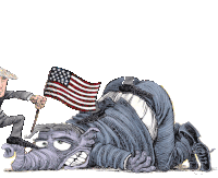 a cartoon of donald trump standing on top of an elephant while holding an american flag