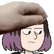 a cartoon girl with purple hair is being slapped on the head by a cat .