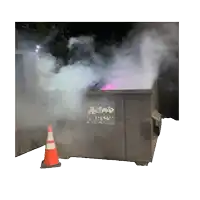 a dumpster with a sign that says astro is filled with smoke