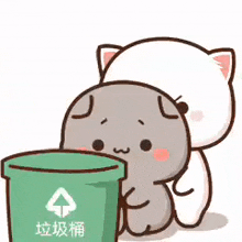 a cartoon cat is standing next to a green garbage can .