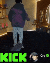 a person is standing on a skateboard with the word kick behind them
