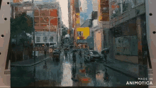 a painting of a city street with cars and people is made by animatica