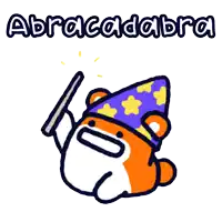 a cartoon of a bear wearing a wizard hat and holding a wand with the words abracadabra below it