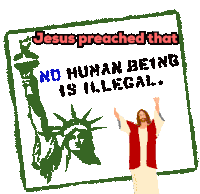 jesus preached that no human being is illegal with a statue of liberty in the background