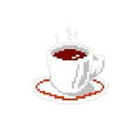 a cup of coffee is on a saucer in a pixel art style .