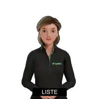 a cartoon woman wearing a black simax shirt stands in front of a white background