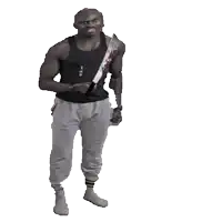 a man is holding a stihl chainsaw in his right hand