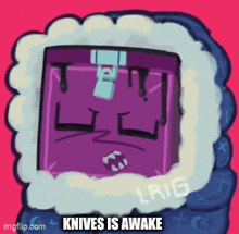 a drawing of a purple box with the words knives is awake on the bottom
