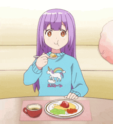 a girl with purple hair is sitting at a table eating food