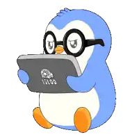 a penguin with glasses is holding a tablet that says igloo