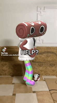 a cartoon character holding a soccer ball with help written on the bottom
