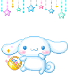 a pixel art of a cinnamoroll holding a moon and stars hanging from the ceiling .