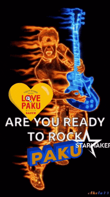 a picture of a man holding a guitar and a heart that says love paku sauce