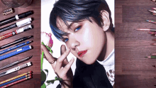 a drawing of a boy with blue hair holding a rose surrounded by pencils and pens