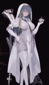 a woman in a white robe is holding a clock in her hand
