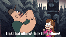 a cartoon of a man licking another man 's elbow with the caption " lick that elbow lick that elbow "