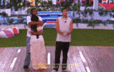 two men and a woman are standing on a wooden deck with the words " we don t want to do that anymore " written in yellow
