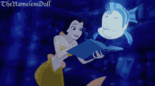 a cartoon of a mermaid reading a book to a fish with the nameless doll on the bottom right