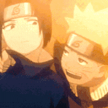 two anime characters , sasuke and naruto , are standing next to each other and smiling .