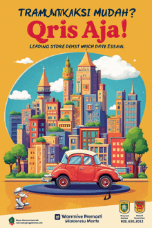 a poster with a red car in front of a city