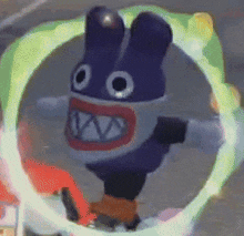 a purple stuffed animal with big teeth is surrounded by a green circle