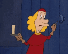 a cartoon character is holding a candle and a match in his hand .