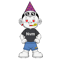 a cartoon character wearing a party hat and shorts with the word nvm on his shirt