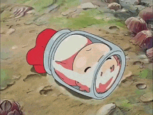 a cartoon character in a jar with a red bow
