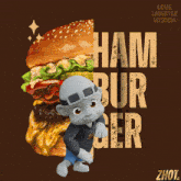 a cartoon character is standing next to a hamburger with the words love laughter wisdom above it