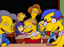 a group of cartoon characters are sitting in a classroom .