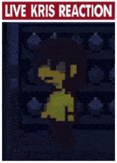 a pixel art of a person standing in front of a shelf with the words `` live kris reaction '' written on it .