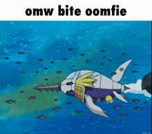 a cartoon of a shark with the words omw bite oomfie above it