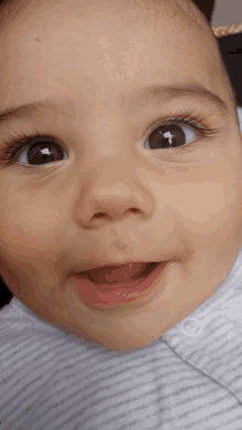 a close up of a baby 's face with a surprised look on it 's face
