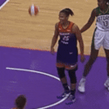 a basketball player with the number 24 on his back stands on the court