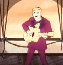 a cartoon of a man playing a guitar in front of a curtain .