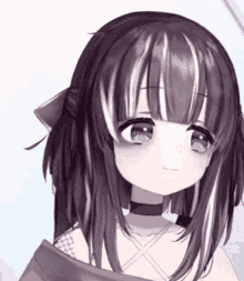 a close up of a girl 's face with a choker on her neck