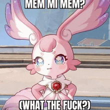 a pink and white cartoon rabbit with the words mem mi mem what the fuck written on it