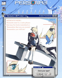a computer screen shows a cartoon character and the words persona3