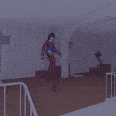 a girl in a blue skirt and red striped stockings is walking down a set of stairs