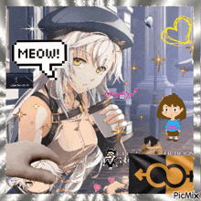 a picture of a girl with a speech bubble saying meow