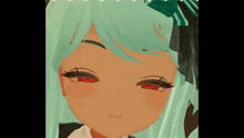 a close up of a video game character with green hair and red eyes .