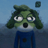 a cartoon character wearing glasses and a blue sweater