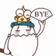 a cartoon chicken is wearing a hat and holding a bye sign .