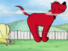 a cartoon of a red dog standing next to a fence