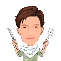 a cartoon of a man holding a fork and a knife