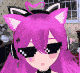 a girl with pink hair and cat ears wearing sunglasses and headphones .