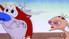 two cartoon characters are standing next to each other and one is crying and the other is angry .