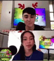 a boy and a girl are having a video call with a tv in the background